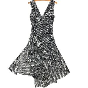 Joseph Ribkoff Black White Floral Stripe Sequin Asymmetrical Dress 6 Whimsigoth